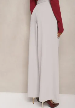 Szare Eleganckie Spodnie w Garniturowym Stylu High Waist Ozdobione Paskiem w Talii Wenelsea