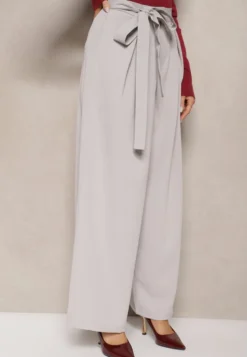 Szare Eleganckie Spodnie w Garniturowym Stylu High Waist Ozdobione Paskiem w Talii Wenelsea