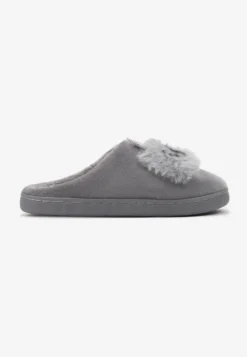 Szare Kapcie na Płaskiej Podeszwie z Cyrkoniami i Futerkiem Dezilie