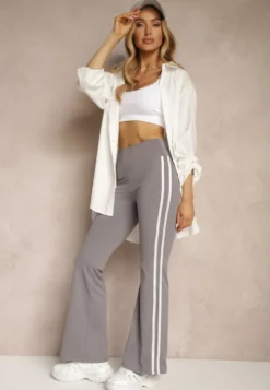Szare Legginsy Flare High Waist z Marszczeniem i Lampasami Kirsena
