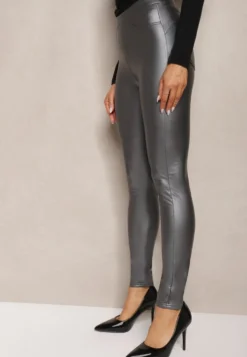 Szare Legginsy z Imitacji Skóry High Waist Noriel