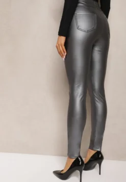 Szare Legginsy z Imitacji Skóry High Waist Noriel