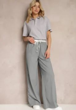 Szare Materiałowe Spodnie z Szerokimi Nogawkami High Waist z Gumką w Talii Comina