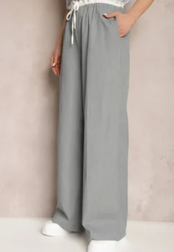 Szare Materiałowe Spodnie z Szerokimi Nogawkami High Waist z Gumką w Talii Comina