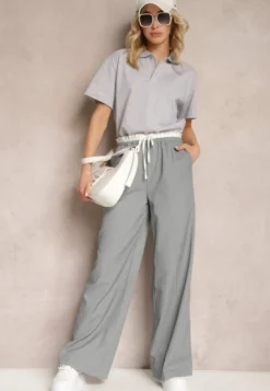 Szare Materiałowe Spodnie z Szerokimi Nogawkami High Waist z Gumką w Talii Comina