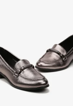 Szare Metaliczne Mokasyny Loafersy z Klamerką i Wkładką ze Skóry Naturalnej Vinterua