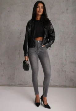 Szare Modelujące Jeansy Typu Skinny z Bawełną Oneim