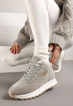 Szare Ocieplane Sneakersy na Platformie Appopis