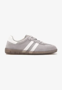 Szare Płaskie Sneakersy ze Skóry Naturalnej z Ozdobnymi Paskami Nelarielis