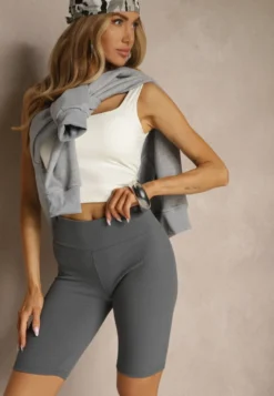 Szare Prążkowane Szorty High Waist o Fasonie Kolarek Rinelira