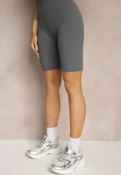 Szare Prążkowane Szorty High Waist o Fasonie Kolarek Rinelira