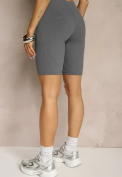 Szare Prążkowane Szorty High Waist o Fasonie Kolarek Rinelira
