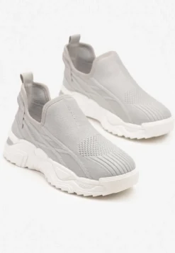 Szare Siateczkowe Buty Sportowe Sneakersy Wsuwane Zdobione Tłoczeniami Nusadela