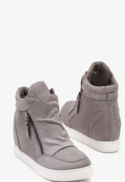 Szare Sneakersy na Koturnie Ozdobione Suwakiem Lilianis