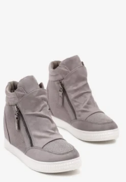Szare Sneakersy na Koturnie Ozdobione Suwakiem Lilianis