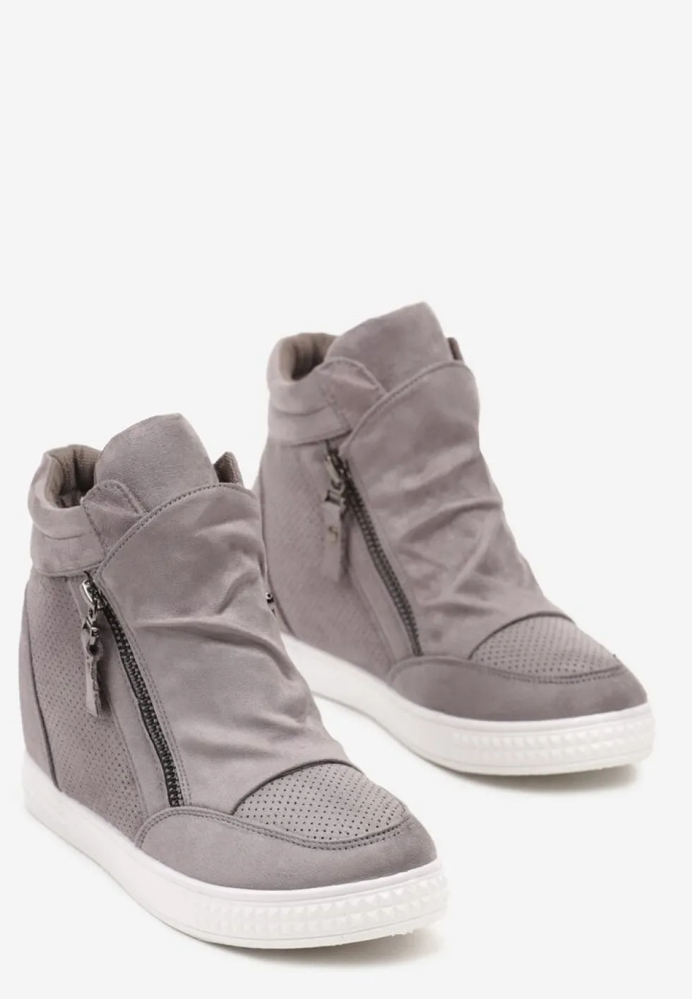 Szare Sneakersy na Koturnie Ozdobione Suwakiem Lilianis