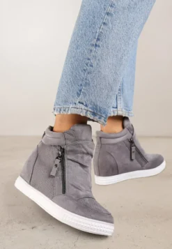 Szare Sneakersy na Koturnie Ozdobione Suwakiem Lilianis