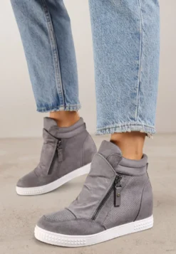 Szare Sneakersy na Koturnie Ozdobione Suwakiem Lilianis