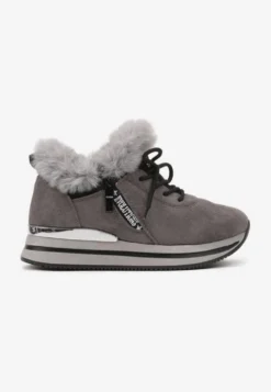 Szare Sneakersy na Płaskiej Podeszwie z Napisem i Futerkiem Taricea