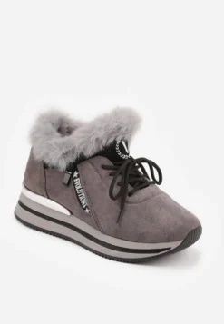 Szare Sneakersy na Płaskiej Podeszwie z Napisem i Futerkiem Taricea