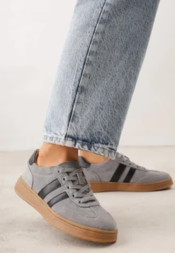 Szare Sneakersy ze Skóry Naturalnej z Geometrycznym Wzorem Zetisius