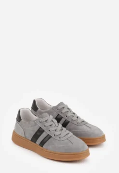 Szare Sneakersy ze Skóry Naturalnej z Geometrycznym Wzorem Zetisius