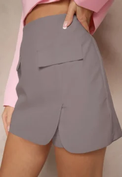 Szare Spódnico-Spodenki High Waist z Imitacją Kieszeni w Stylu Utility Olidrella