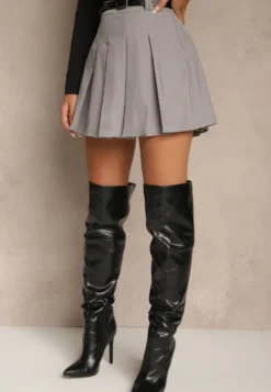 Szare Spódnico-Spodenki High Waist z Plisowaniem Wykończone Paskiem Eviennes