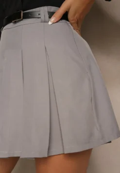 Szare Spódnico-Spodenki High Waist z Plisowaniem Wykończone Paskiem Eviennes