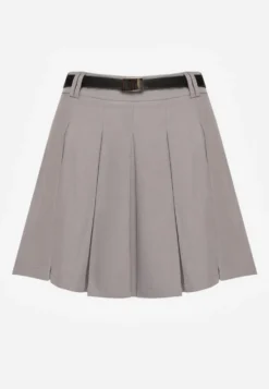 Szare Spódnico-Spodenki High Waist z Plisowaniem Wykończone Paskiem Eviennes