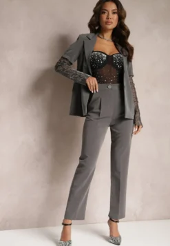 Szare Spodnie Garniturowe High Waist Zimara