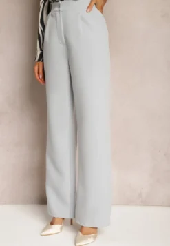 Szare Spodnie Garniturowe High Waist z Kieszeniami Denera