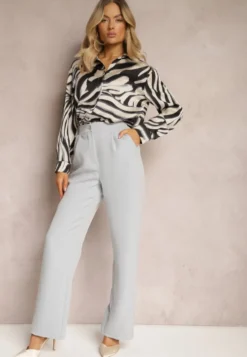 Szare Spodnie Garniturowe High Waist z Kieszeniami Denera