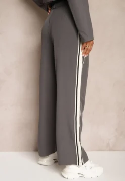 Szare Spodnie Garniturowe o Szerokim Kroju High Waist Ozdobione Lampasami Meloriah