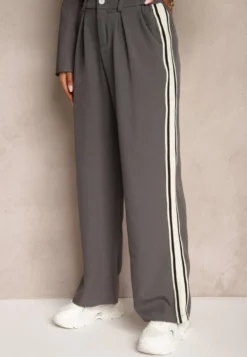 Szare Spodnie Garniturowe o Szerokim Kroju High Waist Ozdobione Lampasami Meloriah