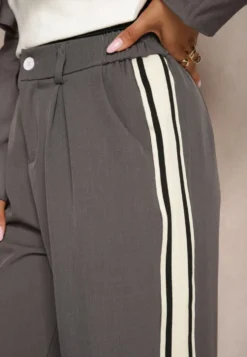 Szare Spodnie Garniturowe o Szerokim Kroju High Waist Ozdobione Lampasami Meloriah
