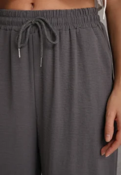 Szare Spodnie High Waist ze Sznurkiem w Talii i Prostą Nogawką Raveann