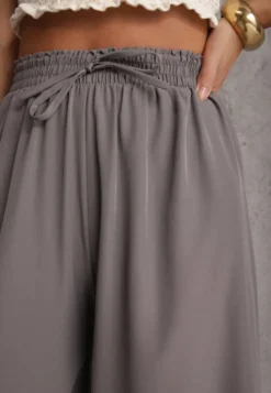 Szare Spodnie High Waist z Szerokimi Nogawkami z Wiskozą Wykończone Gumką w Talii Crisantas