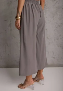 Szare Spodnie High Waist z Szerokimi Nogawkami z Wiskozą Wykończone Gumką w Talii Crisantas