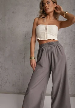 Szare Spodnie High Waist z Szerokimi Nogawkami z Wiskozą Wykończone Gumką w Talii Crisantas