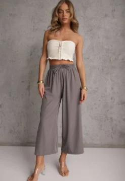 Szare Spodnie High Waist z Szerokimi Nogawkami z Wiskozą Wykończone Gumką w Talii Crisantas