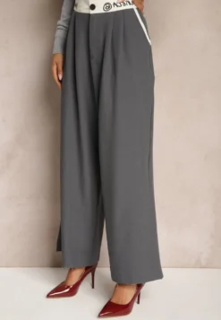 Szare Spodnie Palazzo High Waist z Szerokimi Nogawkami z Zapięciem na Guziki i Zamek Lomedia