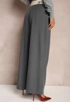 Szare Spodnie Palazzo High Waist z Szerokimi Nogawkami z Zapięciem na Guziki i Zamek Lomedia