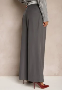 Szare Spodnie z Wiskozy Palazzo High Waist Zapinane na Suwak Nellieva