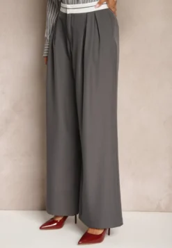 Szare Spodnie z Wiskozy Palazzo High Waist Zapinane na Suwak Nellieva