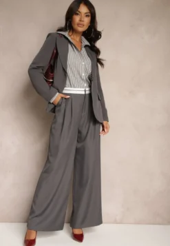 Szare Spodnie z Wiskozy Palazzo High Waist Zapinane na Suwak Nellieva