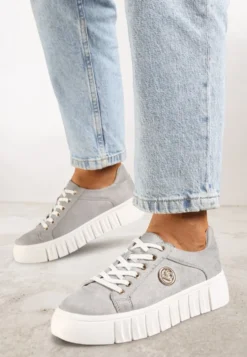 Szare Sznurowane Sneakersy Vices na Platformie z Tłoczeniem i Metaliczną Aplikacją Lavfedi