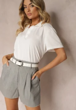 Szare Szorty High Waist Zapinane na Zamek Błyskawiczny Tiamarella
