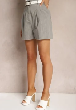 Szare Szorty High Waist Zapinane na Zamek Błyskawiczny Tiamarella