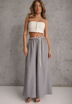 Szare Wiskozowe Spodnie Typu Palazzo High Waist Ozdobione Paskiem Sznurkiem Alemea